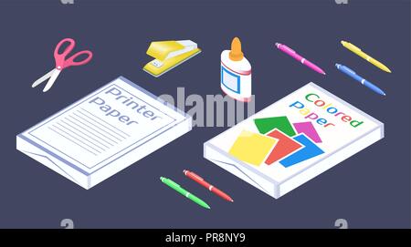 Fournitures de bureau en 3D isométrique style. Ensemble de la papeterie. Illustration de Vecteur