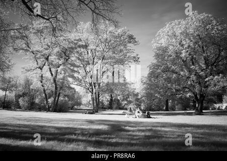 BW IR image des personnes prendre du repos sous les arbres de l'herbe dans un parc à Vyšehrad à Prague, République tchèque. L'été indien Banque D'Images