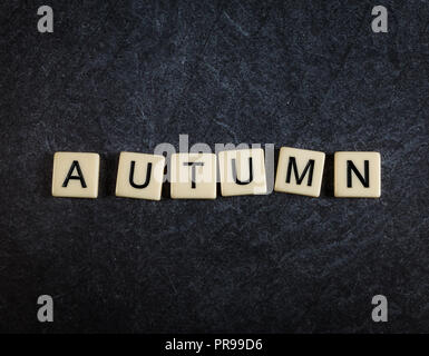 Des lettres de Scrabble sur fond d'ardoise noire automne orthographe Banque D'Images