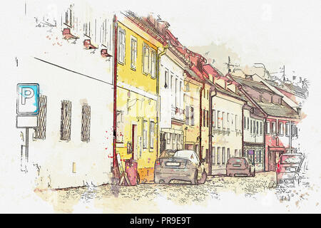 Une aquarelle ou une illustration de l'architecture traditionnelle à Cesky Krumlov en République tchèque. Banque D'Images