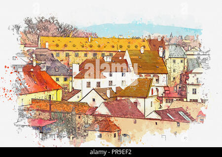 Une aquarelle ou une illustration de l'architecture traditionnelle à Cesky Krumlov en République tchèque. Banque D'Images