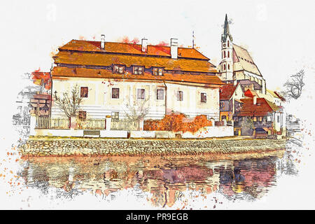 Une aquarelle ou une illustration de l'architecture traditionnelle à Cesky Krumlov en République tchèque. Banque D'Images