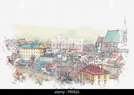 Une aquarelle ou une illustration de l'architecture traditionnelle à Cesky Krumlov en République tchèque. Banque D'Images