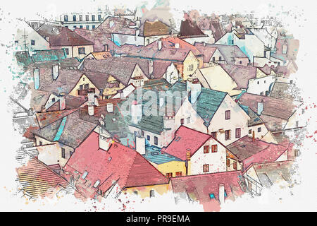 Une aquarelle ou une illustration de l'architecture traditionnelle à Cesky Krumlov en République tchèque. Banque D'Images