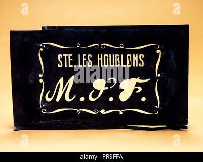 Pochoir utilisé pour les lettres hop sacs, Sté Les houblons, compagnie de M.S.F., hop producteur, Alsace, France, Europe, Banque D'Images