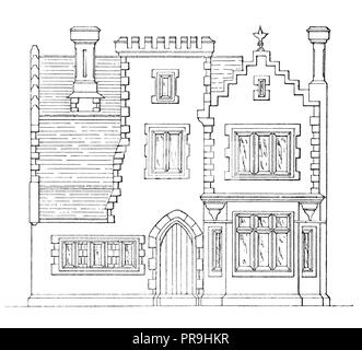 19ème siècle illustration de la façade d'un chalet dans le quartier gothique de style Tudor, (ou l'architecture de style Tudor est la dernière devel Banque D'Images