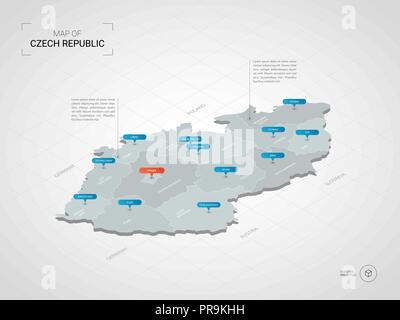 3D isométrique Carte de République tchèque. Carte vectorielle illustration stylisée avec les villes, les frontières, les capitaux, les divisions administratives et pointeur marques ; pente Illustration de Vecteur