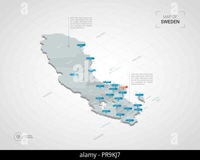 Carte 3D isométrique de la Suède. Carte vectorielle illustration stylisée avec les villes, les frontières, les capitaux, les divisions administratives et marques ; pointeur background gradient Illustration de Vecteur