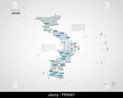 3D isométrique Japon site. Carte vectorielle illustration stylisée avec les villes, les frontières, les capitaux, les divisions administratives et marques ; pointeur backgrou gradient Illustration de Vecteur