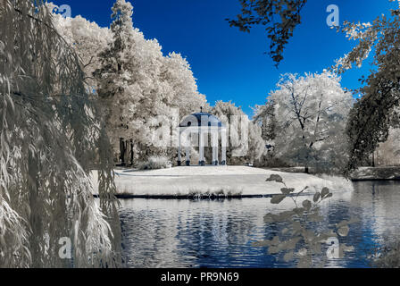 Parc public naturel à Strasbourg, vue dans l'infrarouge, journée ensoleillée, France Banque D'Images