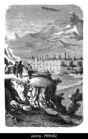 19-ème siècle Illustration d'une scène avec Perier et Pascal dans la vallée de montagne Puy de Dôme, Centre de la France, l'exécution de l'expérience pour le Banque D'Images