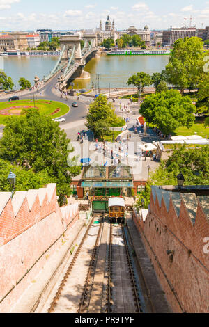 Funiculaire de Castle Hill, pont à chaînes Széchenyi et ravageur sur l'arrière-plan. Budapest, Hongrie. Banque D'Images