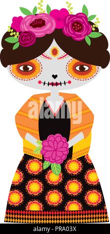 Vector illustration de poupée catrina jaune sur un fond blanc. Célébrer la fête des morts et halloween vacances mexicaines. Illustration de Vecteur