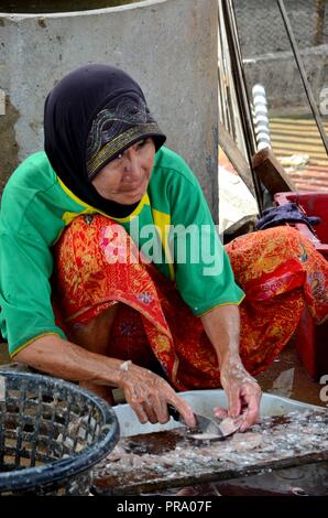 Personnes âgées Thai femme musulmane en jupe et foulard courage et nettoie la Thaïlande Pattani poisson Banque D'Images