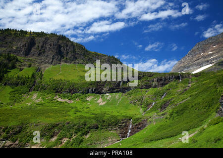 L'herbe verte et des cascades le long de la route allant vers le soleil dans le Glacier National Park, Montana, USA Banque D'Images