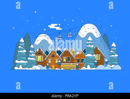 Vacances d'hiver dans les montagnes concept bannière. Nuit enneigée en cosy christmas town city banner Illustration de Vecteur