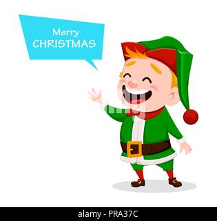 Joyeux Noël. Funny Santa Claus helper. Happy cute elf. Personnage. Utilisable pour carte de souhaits, bannière, affiche, flyer, l'étiquette ou tag. Vector Illustration de Vecteur