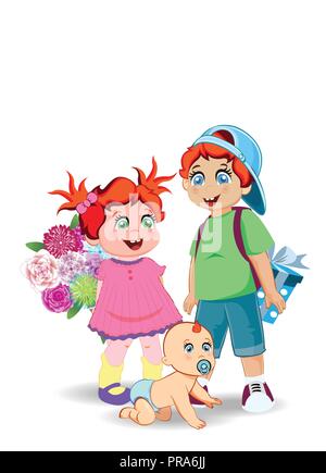 Clip art de fête de garçon, fille et bébé pour Joyeux anniversaire, le retour à l'école, les enseignants, les grands-parents de jour jour carte de vœux. Cartoon illustration of cute Illustration de Vecteur