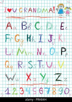 Bebe Multicolores Doodle Croquis Dessines A La Main Chiffres Et Lettres Alphabet Squared Feuille Portable Avec Illustration Vectorielle Je T Aime Papi Headlin Image Vectorielle Stock Alamy