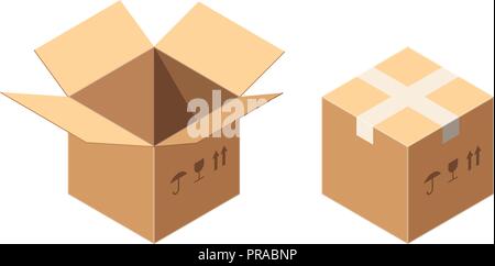 Vecteur isométrique ou des boîtes de carton Carton emballage Icon Set avec signes Postal - ce côté fragile et isolé sur blanc. Boîtes scellées et non recouverts. Livraison de colis postaux Concept. Illustration de Vecteur