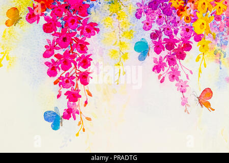 Aquarelle abstraite peinture de paysage original de couleur imagination fleurs orchidée beauté avec butterfles et l'émotion à fond bleu. Banque D'Images