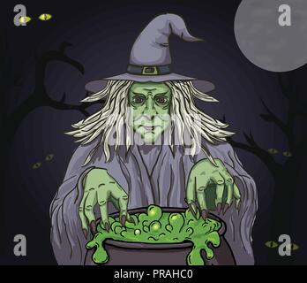 Evil cartoon sorcière avec un chaudron. Vector clip art illustration. Illustration de Vecteur