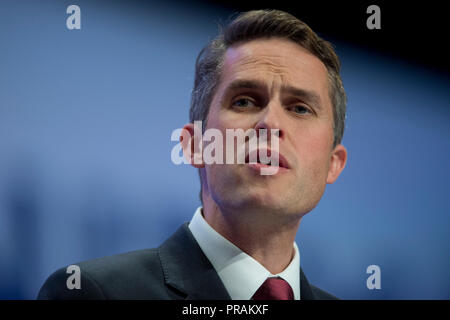 Birmingham, UK. Le 30 septembre 2018. Gavin Williamson, Secrétaire d'Etat à la Défense et député conservateur de South Staffordshire, prend la parole à la conférence du parti conservateur à Birmingham. © Russell Hart/Alamy Live News. Banque D'Images