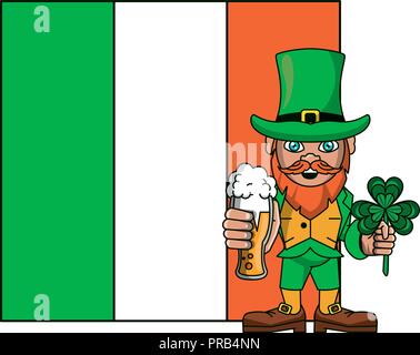 Lutin irlandais avec de la bière et du trèfle cartoon Illustration de Vecteur