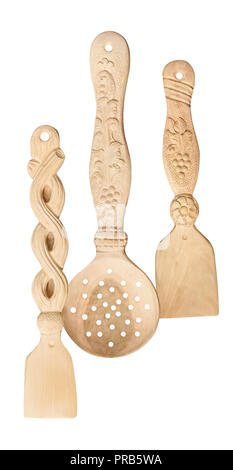 Cuisine traditionnelle des Balkans, outils en bois, tamis, spatule, sculpté Banque D'Images