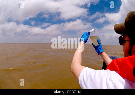 EPA contracte en prenant un échantillon d'eau dans le golfe du Mexique après le déversement de pétrole de BP 2010 Banque D'Images