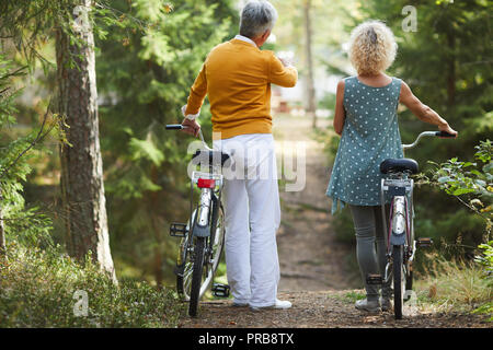 Vue arrière du senior couple in casual clothing debout avec des vélos sur Hill et à la forêt en chemin, un homme âgé dans chandail jaune expliquant cycl Banque D'Images