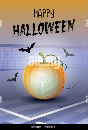 Happy Halloween. Sports Carte de vœux. Ballon de volley-ball réaliste dans la forme d'une citrouille. Vector illustration. Illustration de Vecteur