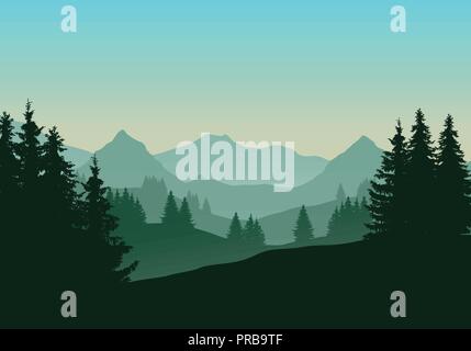 Illustration réaliste du paysage de montagne avec la forêt de conifères et d'arbres, sous ciel bleu vert avec dawn - vector Illustration de Vecteur