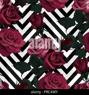 Roses d'un rouge profond sans vecteur modèle. Fleurs Noir sur noir et blanc fond chevron, texture fleuri Illustration de Vecteur