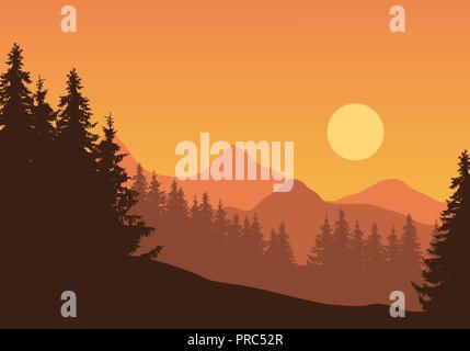 Illustration réaliste du paysage de montagne avec des conifères et arbres, dans le cadre de ciel orange avec sun - vector Illustration de Vecteur