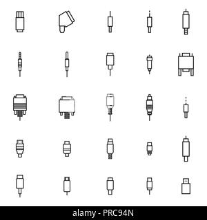 Ensemble de connecteurs vidéo et audio de fines lignes isolé sur fond blanc. Les éléments de design d'accessoires informatiques et périphériques numériques, vec Illustration de Vecteur