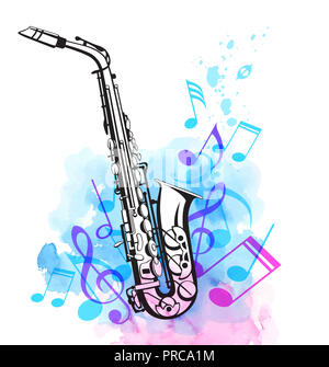 Notes de musique et saxophone avec texture aquarelle rose et bleu. Résumé arrière-plan musical Banque D'Images