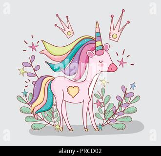 Unicorn mignon avec corneilles et plantes feuilles Illustration de Vecteur