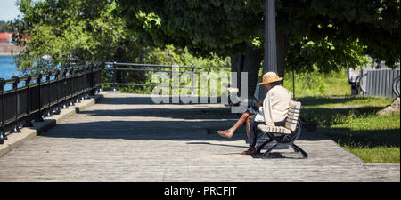 Elder African American Woman est assis sur le banc en bois dans un parc et navigue sur son smartphone. Banque D'Images