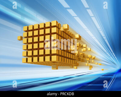 Des cubes de données voyageant dans un tunnel de lumière. Illustration numérique. Banque D'Images