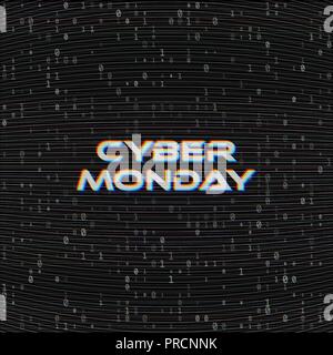 Cyber Monday vecteur bannière web Vente code binaire sur fond sombre. Shopping en ligne web concept de données. Numéros d'ordinateur 1,0. Télévision analogique moiré Glitch Illustration de Vecteur