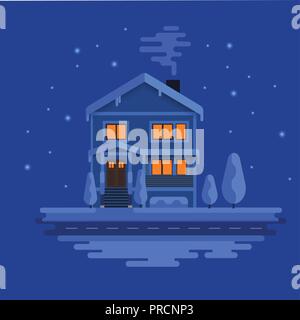 Scène d'hiver avec ville européenne de nuit. Belle maison couverte de neige. Concept de Noël faite en vecteur. L'architecture de saison. télévision illustration. Illustration de Vecteur