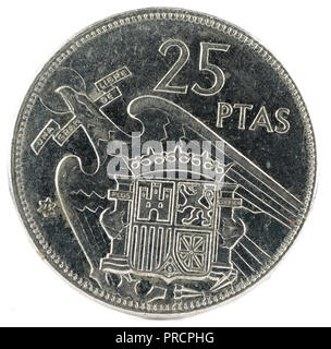 Ancienne pièce de 25 pesetas espagnoles, Francisco Franco. Année 1957, 75 dans l'étoile. Marche arrière. Banque D'Images