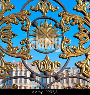 TSARSKOYE SELO, SAINT-PETERSBOURG, RUSSIE - 11 octobre 2015 : Le fragment de la grille et la porte du Palais de Catherine. Banque D'Images