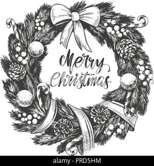 Couronne de noël texte lettrage calligraphie symbole du christianisme hand drawn vector illustration croquis Illustration de Vecteur