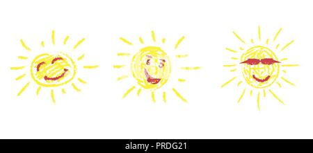 Un ensemble de trois images dessinées à la main de la lumière du soleil avec funny faces Illustration de Vecteur