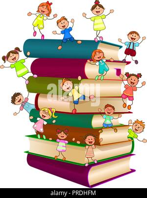 Les enfants sont sur une pile de livres. Les enfants et les livres sur un fond blanc. Illustration de Vecteur