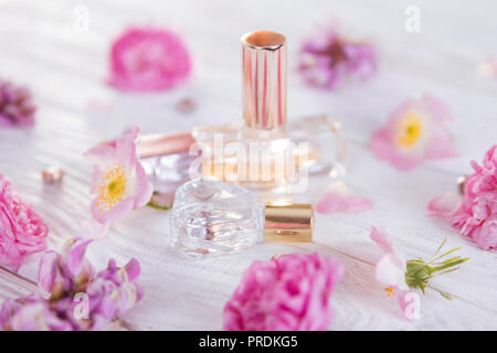 Flacons de parfum de fleurs sur fond blanc Banque D'Images
