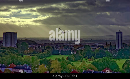 Glasgow, Ecosse, Royaume-Uni. 2e oct, 2018. Météo britannique. Dieu rayons X ou rayons crépusculaires sur l'Est de l'horizon ouest au sud de Glasgow à la recherche au Sud . Credit : Gérard ferry/Alamy Live News Banque D'Images