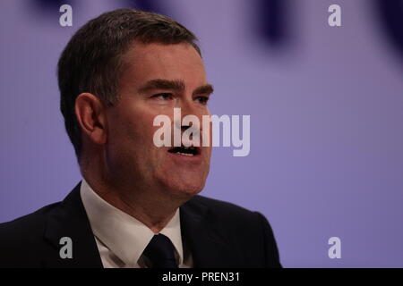 Secrétaire de la Justice David Gauke sur scène lors de la conférence annuelle du parti conservateur à l'International Convention Centre, Birmingham. ASSOCIATION DE PRESSE Photo. ASSOCIATION DE PRESSE Photo. Photo date : mardi 2 octobre 2018. Voir histoire de PA principal conservateur. Crédit photo doit se lire : Aaron Chown/PA Wire Banque D'Images